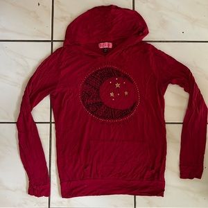 Women's Long Sleeve Hooded Tee Shirt Size Small Red Stars Love Moon